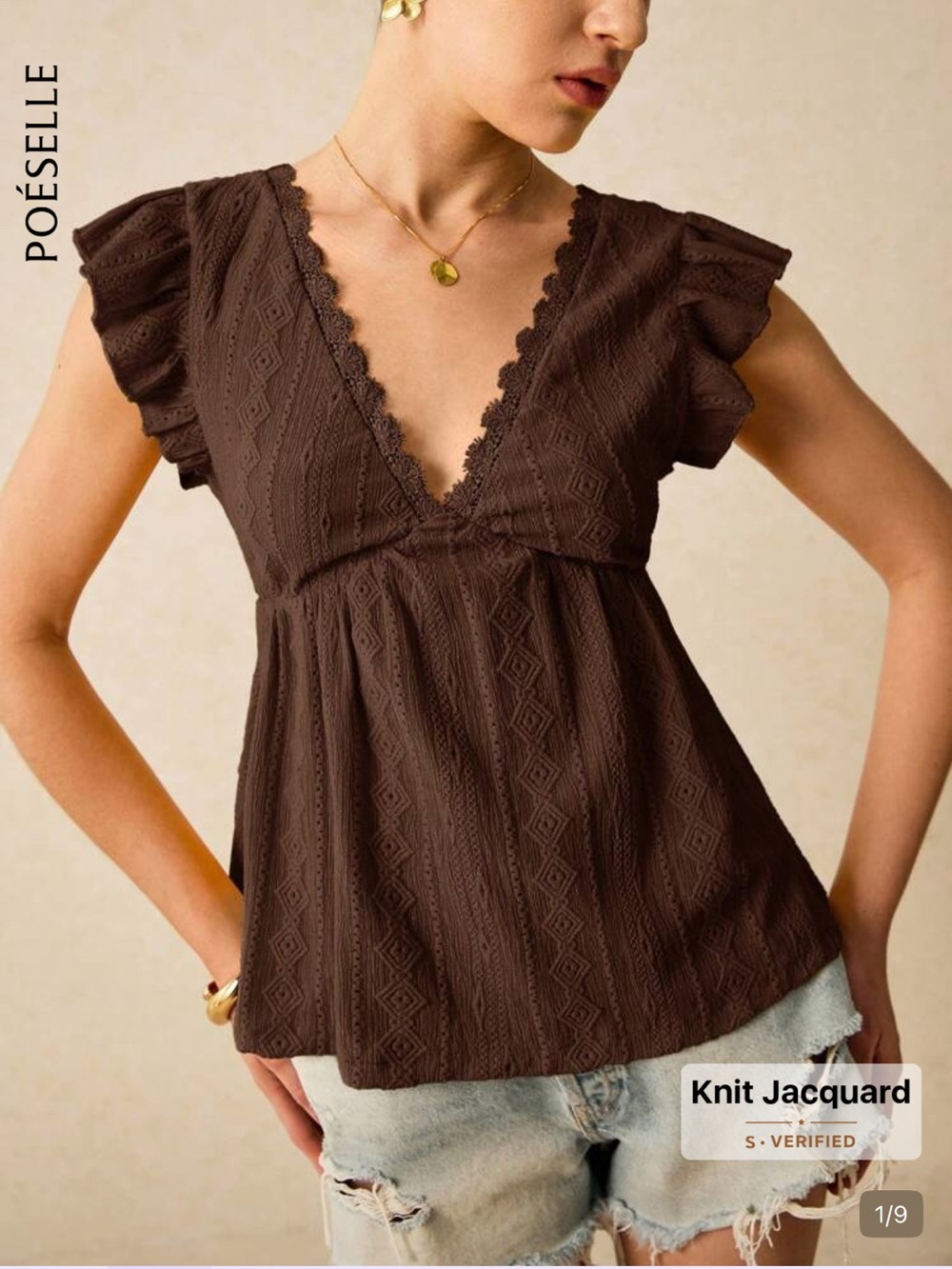 POÈSELLE Coffee Brown Knit Jacquard V-Neck Flutter Sleeve Top